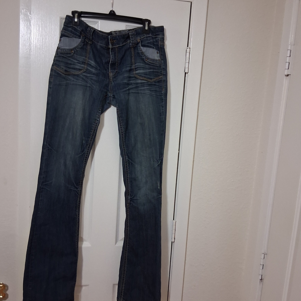 Hot Kiss Y2K Distressed Bootcut Jeans - Size 13 - Dark Wash Patchwork